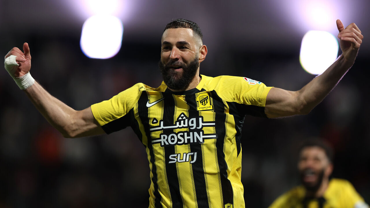 AD DAMMAM, SAUDI ARABIA - NOVEMBER 30: Karim Benzema of Al-Ittihad celebrates scoring his team's second goal during the Saudi Pro League match between Al Ettifaq and Al Ittihadat at EGO Stadium on November 30, 2024 in Ad Dammam, Saudi Arabia.
