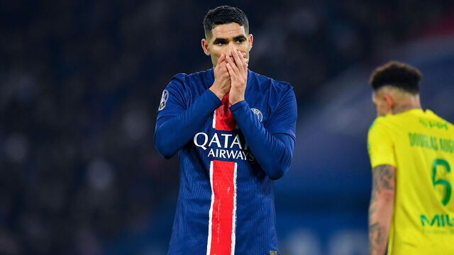 PARIS, FRANCE - NOVEMBER 30: Achraf Hakimi of PSG looks dejected during the Ligue 1 match between Paris Saint-Germain FC and FC Nantes at Parc des Princes on November 30, 2024 in Paris, France.