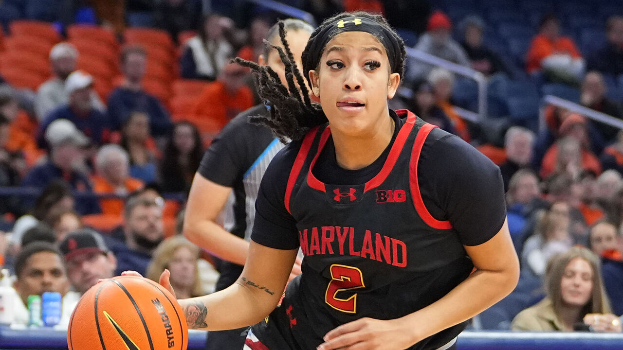 SYRACUSE, NY - NOVEMBER 13: Maryland Terrapins Guard Kaylene Smikle (2) dribbles the ball towards the basket during the first half of the Women's College Basketball game between the Maryland Terrapins and the Syracuse Orange on November 13, 2024, at the JMA Wireless Dome in Syracuse, NY.