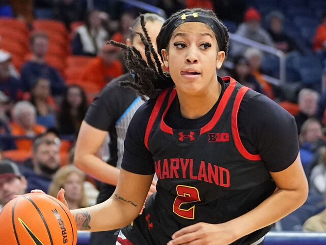 SYRACUSE, NY - NOVEMBER 13: Maryland Terrapins Guard Kaylene Smikle (2) dribbles the ball towards the basket during the first half of the Women's College Basketball game between the Maryland Terrapins and the Syracuse Orange on November 13, 2024, at the JMA Wireless Dome in Syracuse, NY.