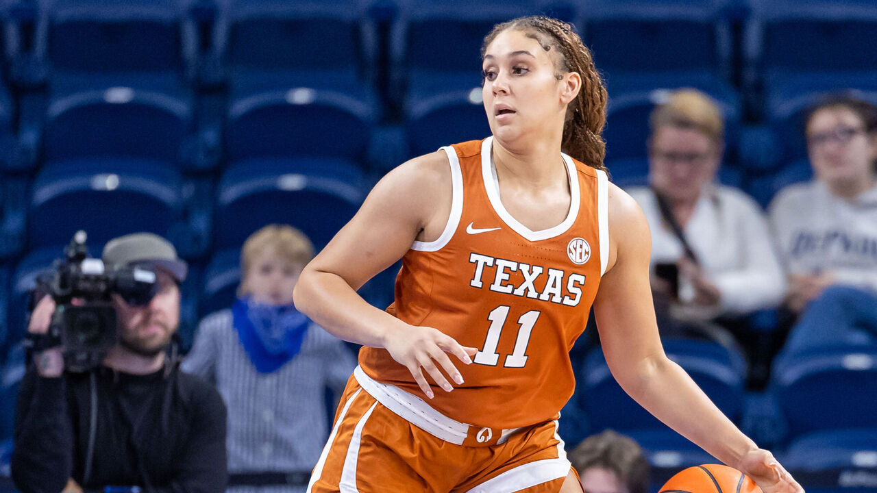 CHICAGO, ILLINOIS - NOVEMBER 17: Justice Carlton #11 of the Texas Longhorns is seen during the game against the DePaul Blue Demons at Wintrust Arena on November 17, 2024 in Chicago, Illinois.