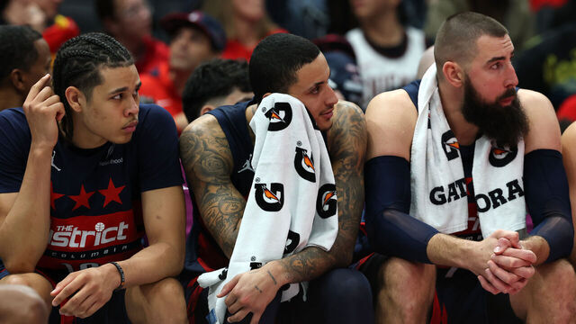WASHINGTON, DC - NOVEMBER 26: Kyle Kuzma #33 of the Washington Wizards reacts against the Chicago Bulls during the second half in the Emirates NBA Cup at Capital One Arena on November 26, 2024 in Washington, DC.