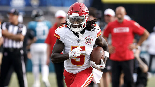 JACKSONVILLE, FL - AUGUST 10: Wide Receiver Hollywood Brown #5 of the Kansas City Chiefs warms up prior to a preseason game against the Jacksonville Jaguars at EverBank Stadium on August 10, 2024 in Jacksonville, Florida. The Jaguars defeated the Chiefs 26 to 13.