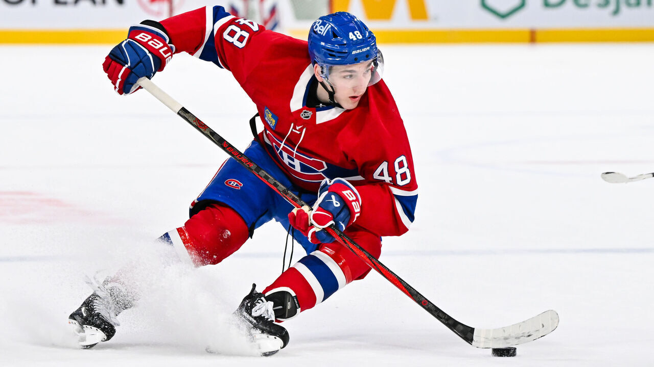 MONTREAL, CANADA - NOVEMBER 26: Lane Hutson #48 of the Montreal Canadiens skates in overtime against the Utah Hockey Club at the Bell Centre on November 26, 2024 in Montreal, Quebec, Canada. The Utah Hockey Club defeated the Montreal Canadiens 3-2 in overtime.