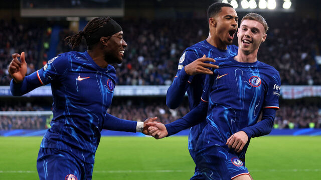 LONDON, ENGLAND - DECEMBER 01: Cole Palmer of Chelsea celebrates scoring his team's third goal during the Premier League match between Chelsea FC and Aston Villa FC at Stamford Bridge on December 01, 2024 in London, England.
