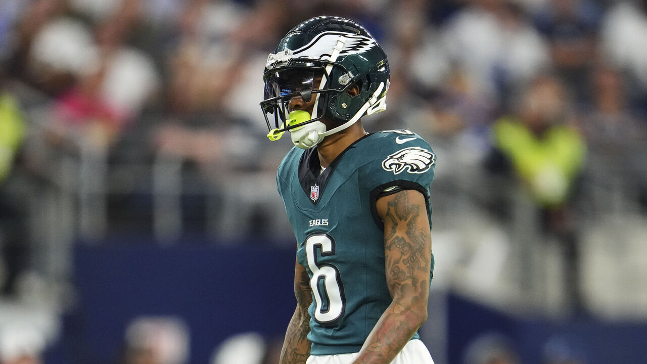 ARLINGTON, TX - NOVEMBER 10: DeVonta Smith #6 of the Philadelphia Eagles looks on from the field during an NFL football game against the Dallas Cowboys at AT&T Stadium on November 10, 2024 in Arlington, Texas.