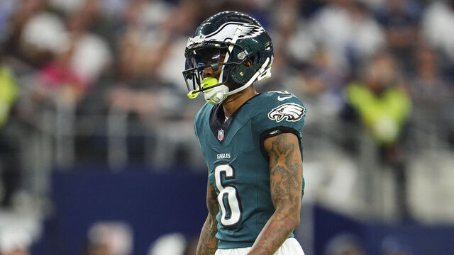 ARLINGTON, TX - NOVEMBER 10: DeVonta Smith #6 of the Philadelphia Eagles looks on from the field during an NFL football game against the Dallas Cowboys at AT&T Stadium on November 10, 2024 in Arlington, Texas.