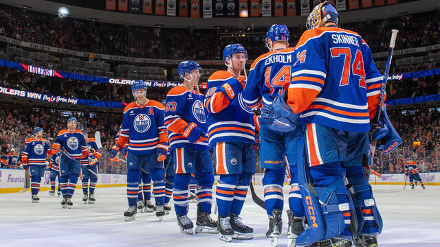 EDMONTON, CANADA - NOVEMBER 23: The Edmonton Oilers celebrate their win against the New York Rangers after the game at Rogers Place on November 23, 2024, in Edmonton, Alberta, Canada.