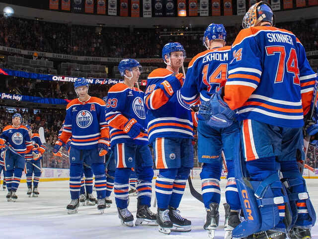 EDMONTON, CANADA - NOVEMBER 23: The Edmonton Oilers celebrate their win against the New York Rangers after the game at Rogers Place on November 23, 2024, in Edmonton, Alberta, Canada.