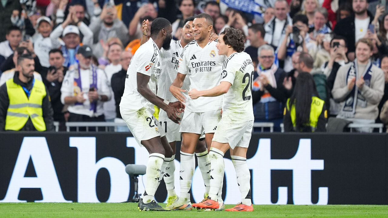 MADRID, SPAIN - DECEMBER 01: Kylian Mbappe of Real Madrid celebrates a goal during the Spanish League, LaLiga EA Sports, football match played between Real Madrid and Getafe CF at Santiago Bernabeu stadium on December 01, 2024 in Madrid, Spain.