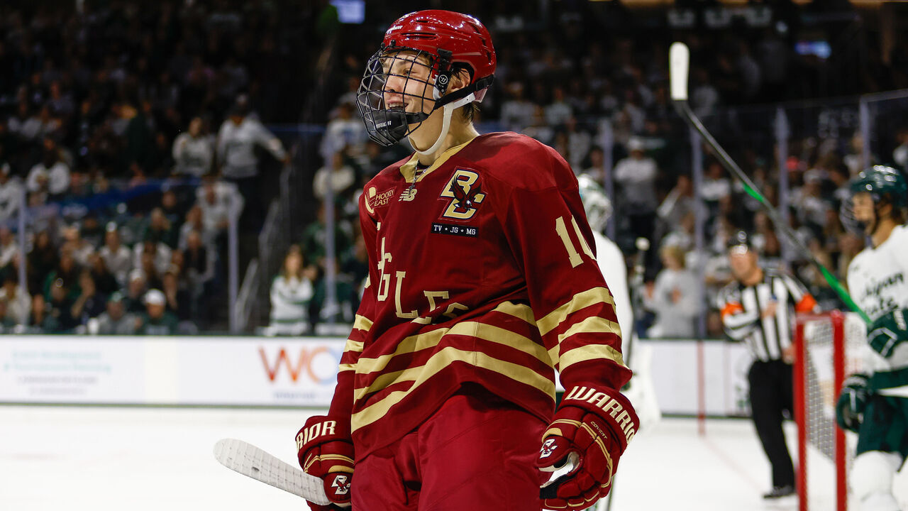 EAST LANSING, MI - OCTOBER 11: James Hagens #10 of Boston College is all smiles after his assist during a game between Boston College and Michigan State University at Munn Ice Arena on October 11, 2024 in East Lansing, Michigan.