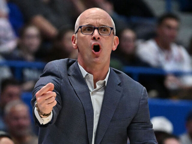 HARTFORD, CT - NOVEMBER 30: UConn Huskies head coach Dan Hurley calls a play during the game as the Maryland-Eastern Shore Hawks take on the UConn Huskies on November 30, 2024, at the XL Center in Hartford, Connecticut.