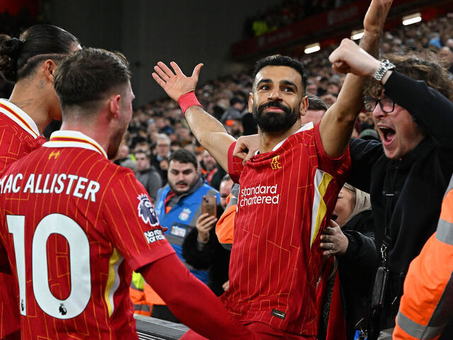 LIVERPOOL, ENGLAND - DECEMBER 01: (THE SUN OUT, THE SUN ON SUNDAY OUT) Mohamed Salah of Liverpool celebrating after scoring the second goal during the Premier League match between Liverpool FC and Manchester City FC at Anfield on December 01, 2024 in Liverpool, England.