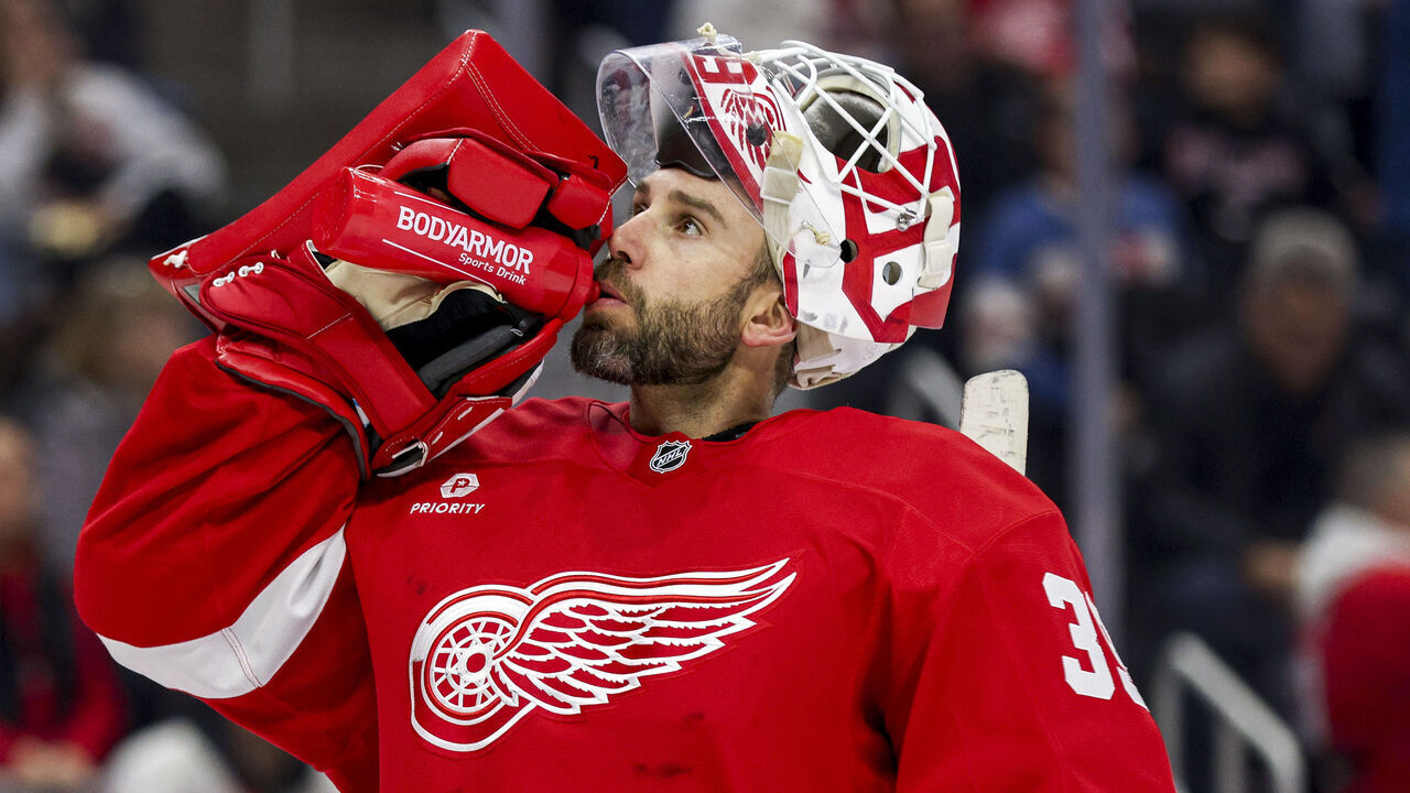 DETROIT, MICHIGAN - NOVEMBER 23: Cam Talbot #39 of the Detroit Red Wings drinks water during a timeout in the third period of a game against the Boston Bruins at Little Caesars Arena on November 23, 2024 in Detroit, Michigan.