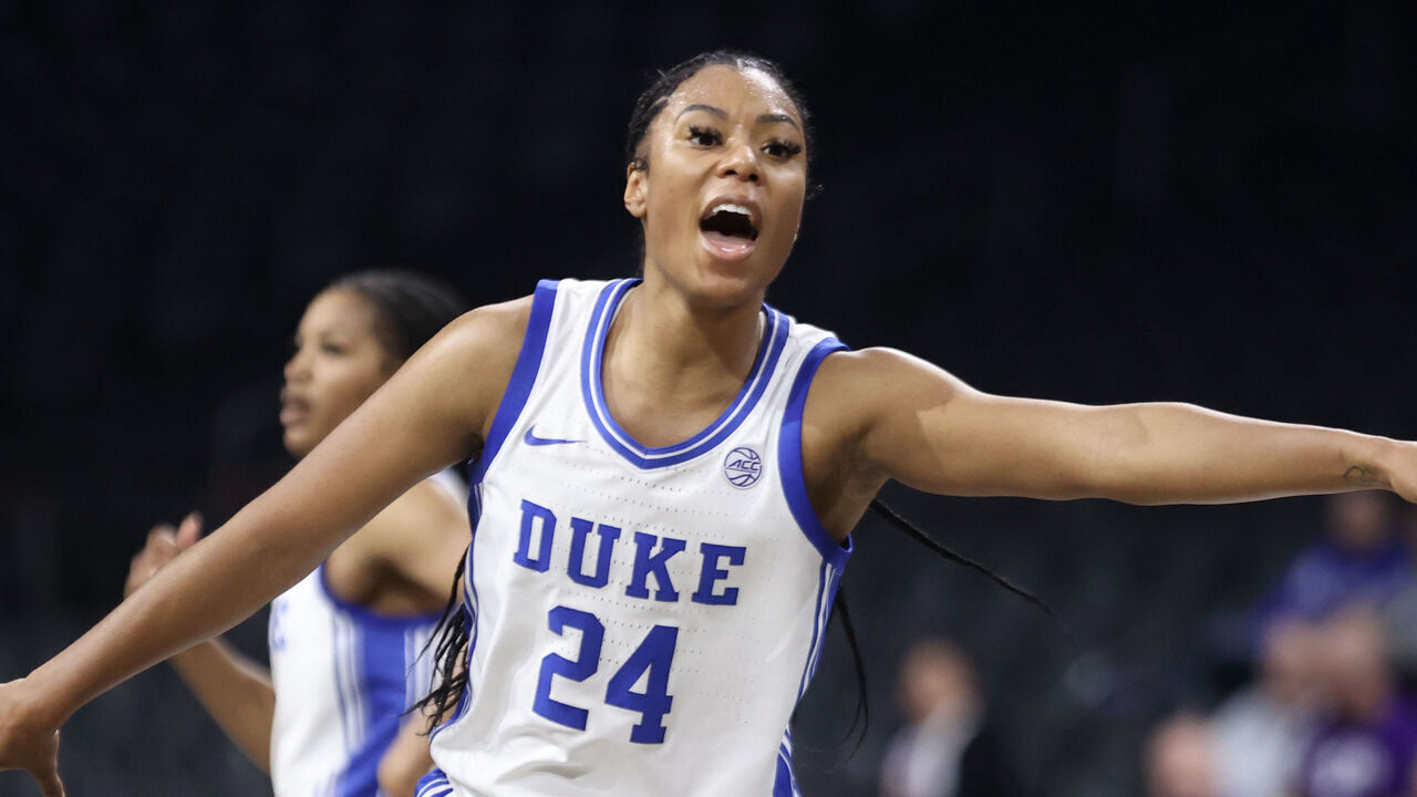 HENDERSON, NEVADA - NOVEMBER 25: Reigan Richardson #24 of the Duke Blue Devils yells in the fourth quarter of a Ball Dawgs Classic game against the Kansas State Wildcats at Lee's Family Forum on November 25, 2024 in Henderson, Nevada.