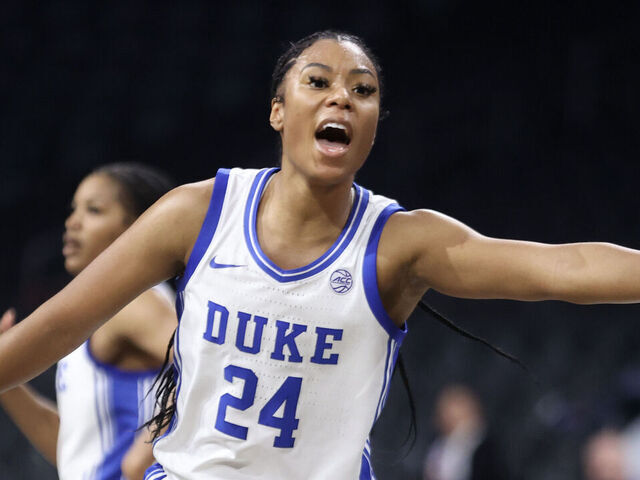 HENDERSON, NEVADA - NOVEMBER 25: Reigan Richardson #24 of the Duke Blue Devils yells in the fourth quarter of a Ball Dawgs Classic game against the Kansas State Wildcats at Lee's Family Forum on November 25, 2024 in Henderson, Nevada.