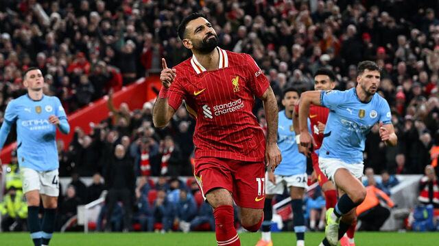 LIVERPOOL, ENGLAND - DECEMBER 01: (THE SUN OUT, THE SUN ON SUNDAY OUT) Mohamed Salah of Liverpool celebrating after scoring the second goal during the Premier League match between Liverpool FC and Manchester City FC at Anfield on December 01, 2024 in Liverpool, England.