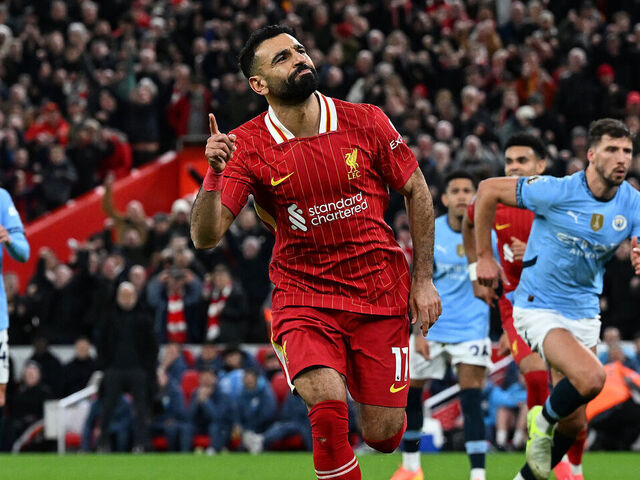 LIVERPOOL, ENGLAND - DECEMBER 01: (THE SUN OUT, THE SUN ON SUNDAY OUT) Mohamed Salah of Liverpool celebrating after scoring the second goal during the Premier League match between Liverpool FC and Manchester City FC at Anfield on December 01, 2024 in Liverpool, England.