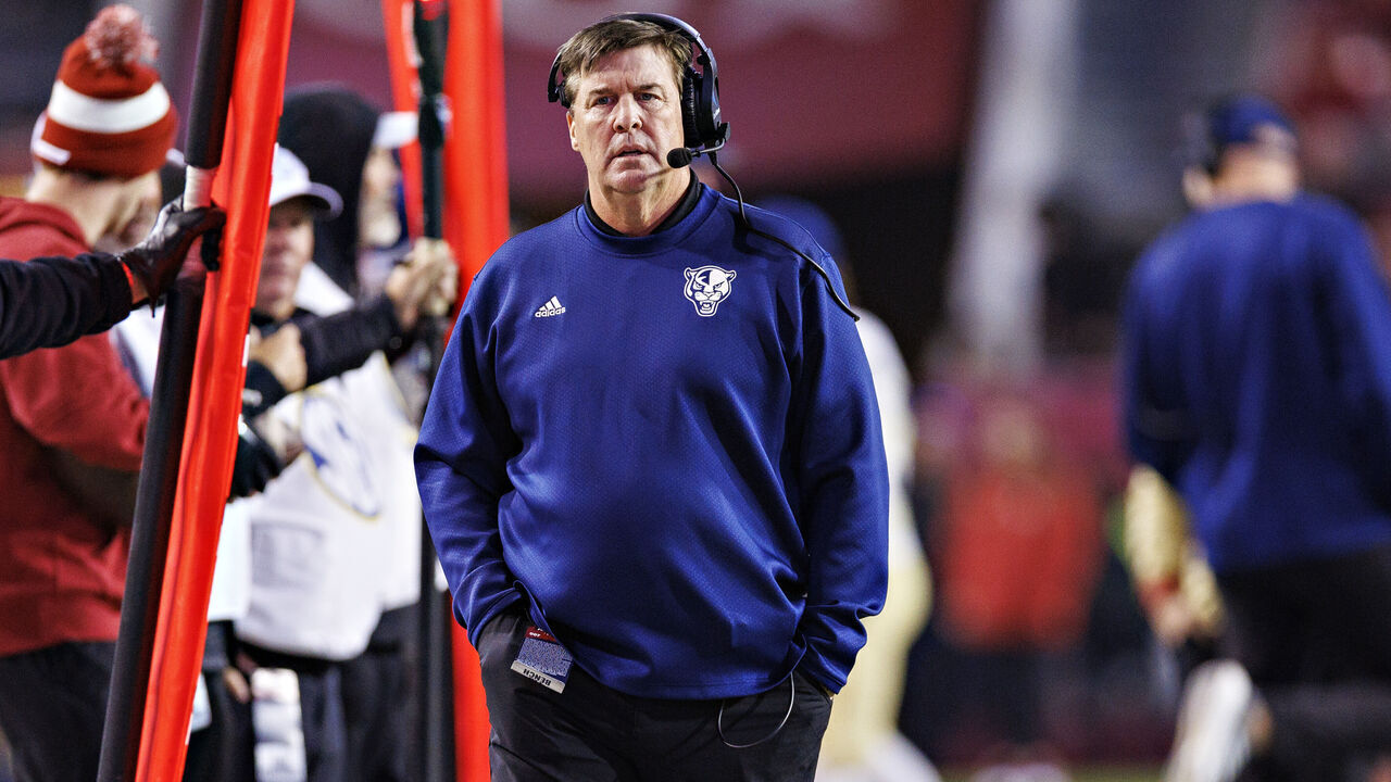 FAYETTEVILLE, ARKANSAS - NOVEMBER 18: Head Coach Mike MacIntyre of the FIU Panthers on the sidelines during a game against the Arkansas Razorbacks at Donald W. Reynolds Razorback Stadium on November 18, 2023 in Fayetteville, Arkansas. The Razorbacks defeated the Panthers 44-20.