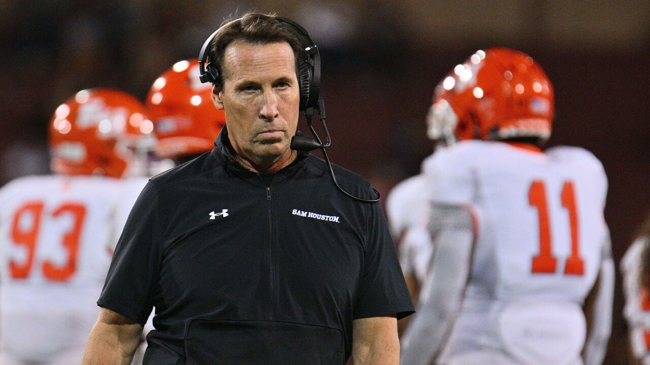 LAS CRUCES, NEW MEXICO - OCTOBER 11: Head coach K.C. Keeler of the Sam Houston Bearkats looks on during a timeout in the second half of his team's game against the New Mexico State Aggies at Aggie Memorial Stadium on October 11, 2023 in Las Cruces, New Mexico. The Aggies defeated the Bearkats 27-13.