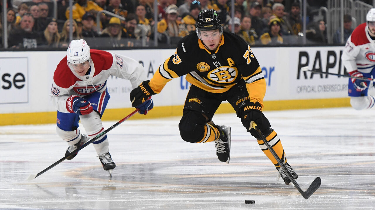 BOSTON, MASSACHUSETTS - DECEMBER 1: Charlie McAvoy #73 of the Boston Bruins skates with the puck against the Montreal Canadiens on December 1, 2024, at the TD Garden in Boston, Massachusetts.