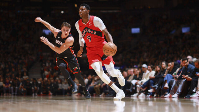 TORONTO, CANADA - DECEMBER 01: RJ Barrett #9 of the Toronto Raptors drives to the basket during the game against the Miami Heat on December 1, 2024 at the Scotiabank Arena in Toronto, Ontario, Canada. Mandatory Copyright Notice: Copyright 2024 NBAE
