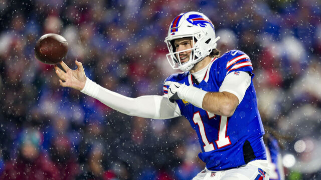ORCHARD PARK, NEW YORK - DECEMBER 01: Josh Allen #17 of the Buffalo Bills throws a pass in the first quarter of a game against the San Francisco 49ers at Highmark Stadium on December 01, 2024 in Orchard Park, New York.