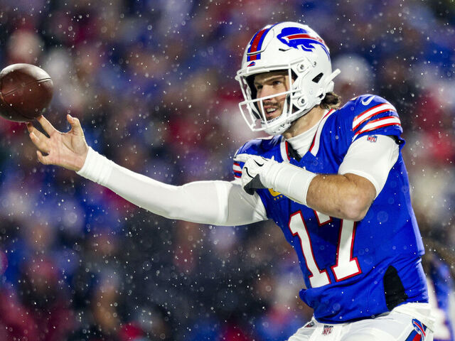 ORCHARD PARK, NEW YORK - DECEMBER 01: Josh Allen #17 of the Buffalo Bills throws a pass in the first quarter of a game against the San Francisco 49ers at Highmark Stadium on December 01, 2024 in Orchard Park, New York.