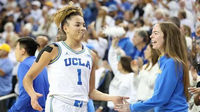 LOS ANGELES, CALIFORNIA - NOVEMBER 24: Kiki Rice #1 of the UCLA Bruins celebrates her win at the end of the game against the South Carolina Gamecocks at UCLA Pauley Pavilion on November 24, 2024 in Los Angeles, California.