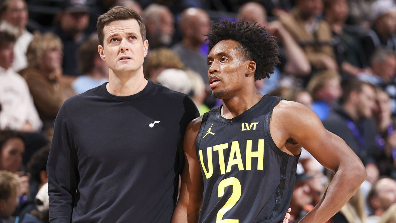 SALT LAKE CITY, UT - OCTOBER 31: Collin Sexton #2 and Head Coach Will Hardy of the Utah Jazz look on during the game on October 31, 2024 at Delta Center in Salt Lake City, Utah. Mandatory Copyright Notice: Copyright 2024 NBAE