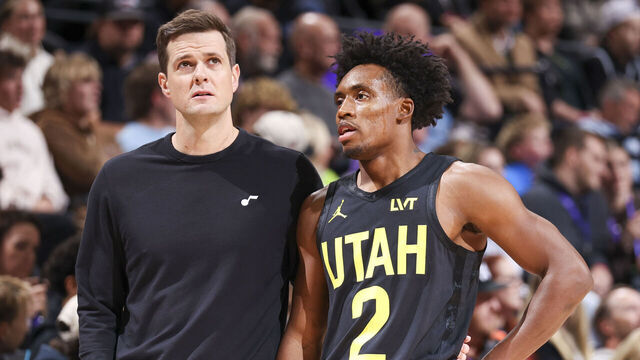 SALT LAKE CITY, UT - OCTOBER 31: Collin Sexton #2 and Head Coach Will Hardy of the Utah Jazz look on during the game on October 31, 2024 at Delta Center in Salt Lake City, Utah. Mandatory Copyright Notice: Copyright 2024 NBAE