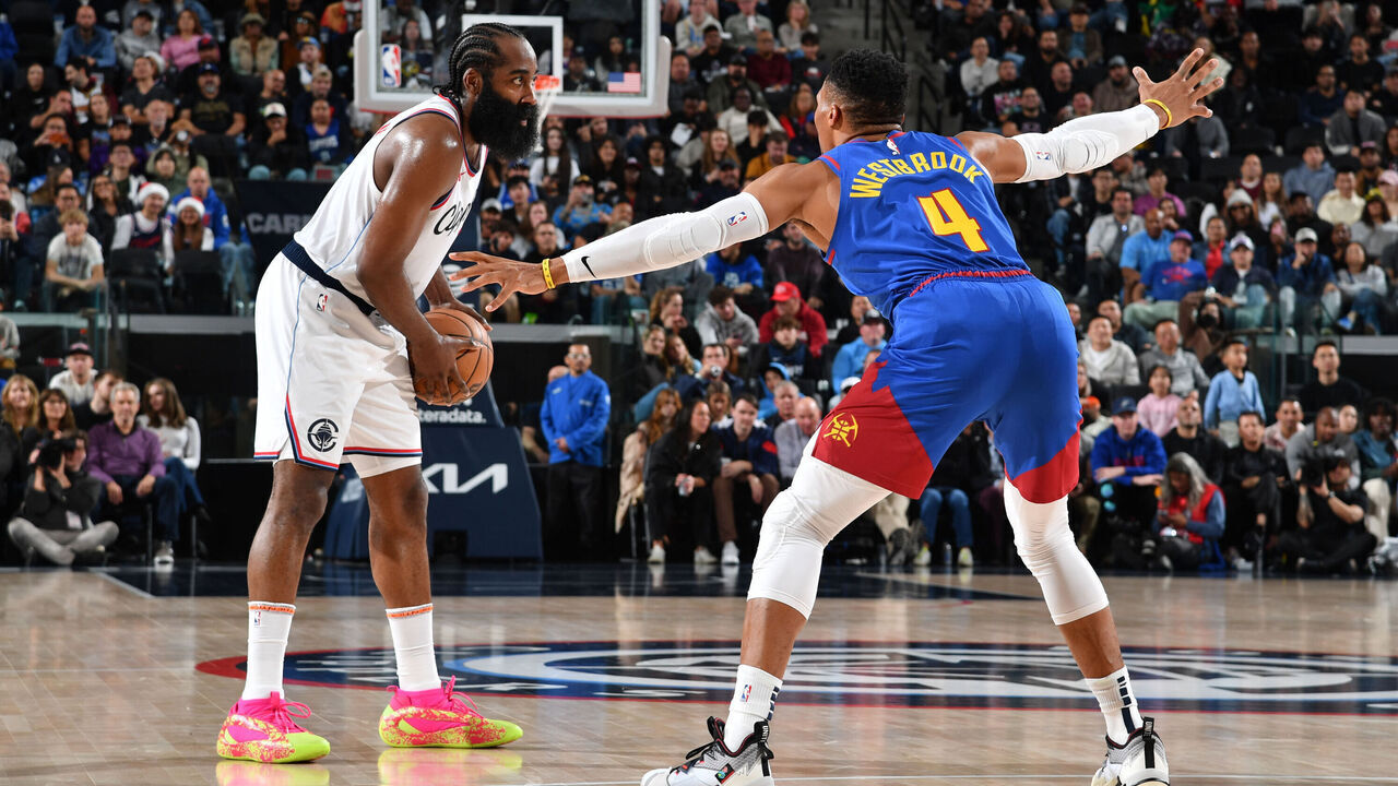 INGLEWOOD, CA - DECEMBER 1: James Harden #1 of the LA Clippers handles the ball during the game against the Denver Nuggets on December 1, 2024 at Intuit Dome in Los Angeles, California. NOTE TO USER: User expressly acknowledges and agrees that, by downloading and/or using this Photograph, user is consenting to the terms and conditions of the Getty Images License Agreement. Mandatory Copyright Notice: Copyright 2024 NBAE