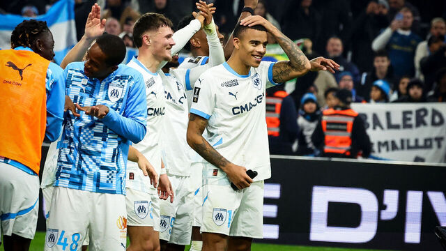 Marseille's English forward #10 Mason Greenwood (C) celebrates with teamates after their victory of the French L1 football match between Olympique de Marseille (OM) and AS Monaco at the Stade Velodrome in Marseille, southern France on December 1, 2024.