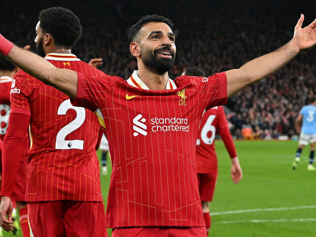 LIVERPOOL, ENGLAND - DECEMBER 01: (THE SUN OUT, THE SUN ON SUNDAY OUT) Mohamed Salah of Liverpool celebrating after scoring the second goal during the Premier League match between Liverpool FC and Manchester City FC at Anfield on December 01, 2024 in Liverpool, England.