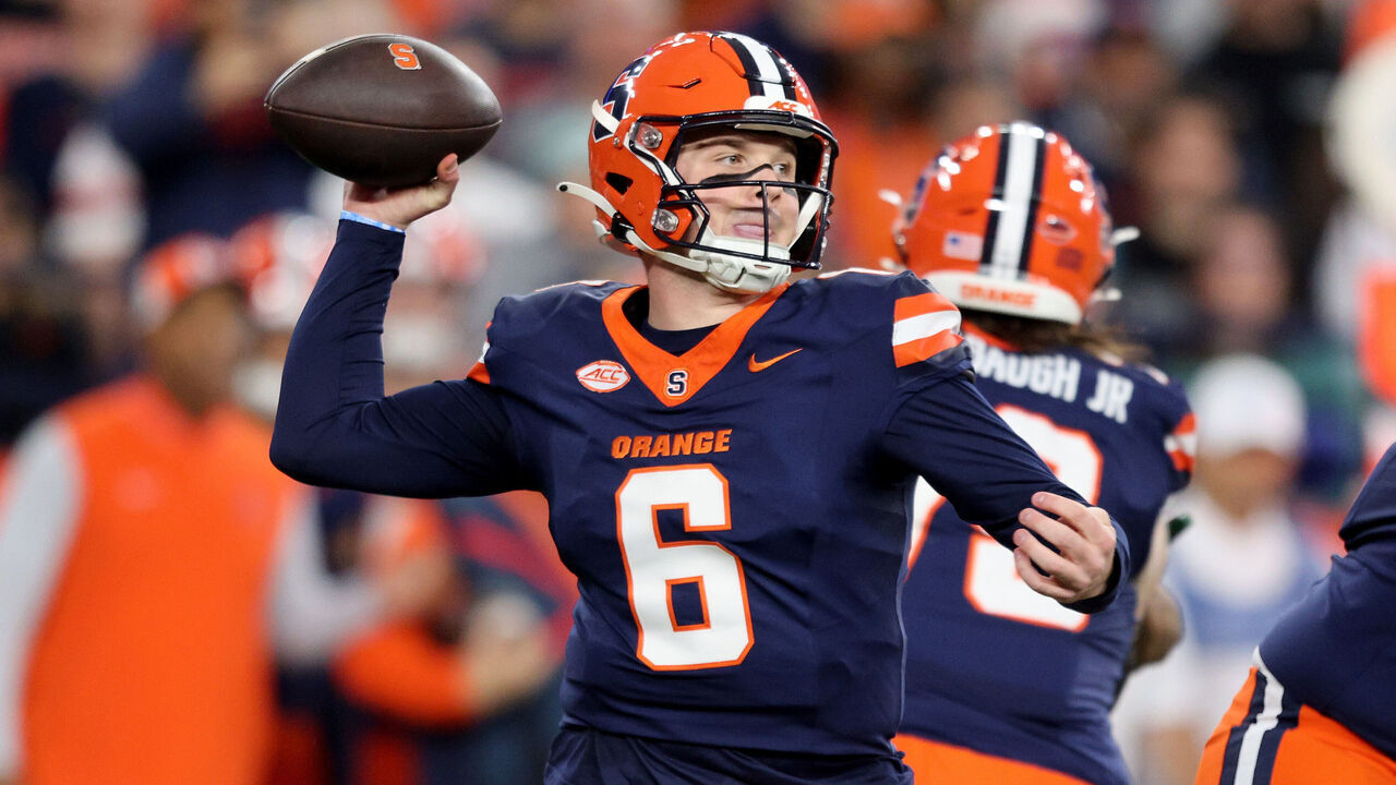 SYRACUSE, NEW YORK - NOVEMBER 30: Kyle McCord #6 of the Syracuse Orange throws a pass during the first quarter against the Miami Hurricanes at JMA Wireless Dome on November 30, 2024 in Syracuse, New York.