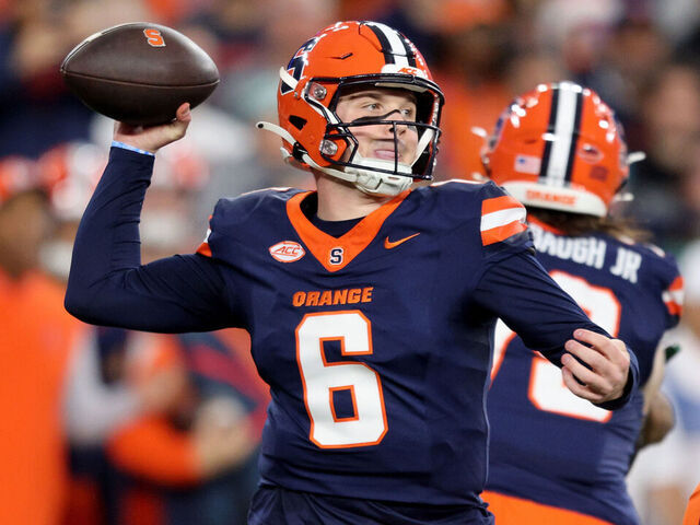 SYRACUSE, NEW YORK - NOVEMBER 30: Kyle McCord #6 of the Syracuse Orange throws a pass during the first quarter against the Miami Hurricanes at JMA Wireless Dome on November 30, 2024 in Syracuse, New York.