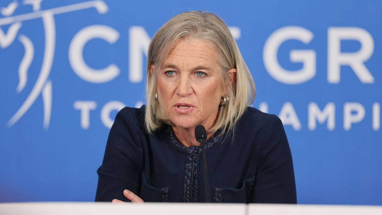 NAPLES, FLORIDA - NOVEMBER 20: LPGA commissioner Mollie Marcoux Samaan speaks to the media prior to the CME Group Tour Championship 2024 at Tiburon Golf Club on November 20, 2024 in Naples, Florida.