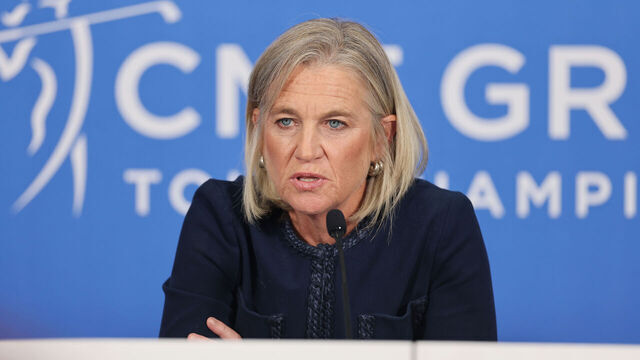 NAPLES, FLORIDA - NOVEMBER 20: LPGA commissioner Mollie Marcoux Samaan speaks to the media prior to the CME Group Tour Championship 2024 at Tiburon Golf Club on November 20, 2024 in Naples, Florida.