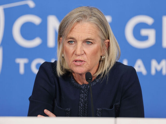 NAPLES, FLORIDA - NOVEMBER 20: LPGA commissioner Mollie Marcoux Samaan speaks to the media prior to the CME Group Tour Championship 2024 at Tiburon Golf Club on November 20, 2024 in Naples, Florida.