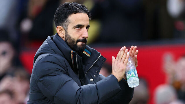 MANCHESTER, ENGLAND - DECEMBER 1: Ruben Amorim the head coach / manager of Manchester United applauds the fans at full time during the Premier League match between Manchester United FC and Everton FC at Old Trafford on December 1, 2024 in Manchester, England.