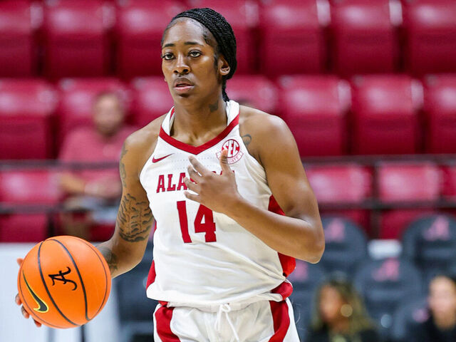 TUSCALOOSA, ALABAMA - NOVEMBER 10: Zaay Green #14 of the Alabama Crimson Tide brings the ball down court during the first half against the Troy Trojans at Coleman Coliseum on November 10, 2024 in Tuscaloosa, Alabama.