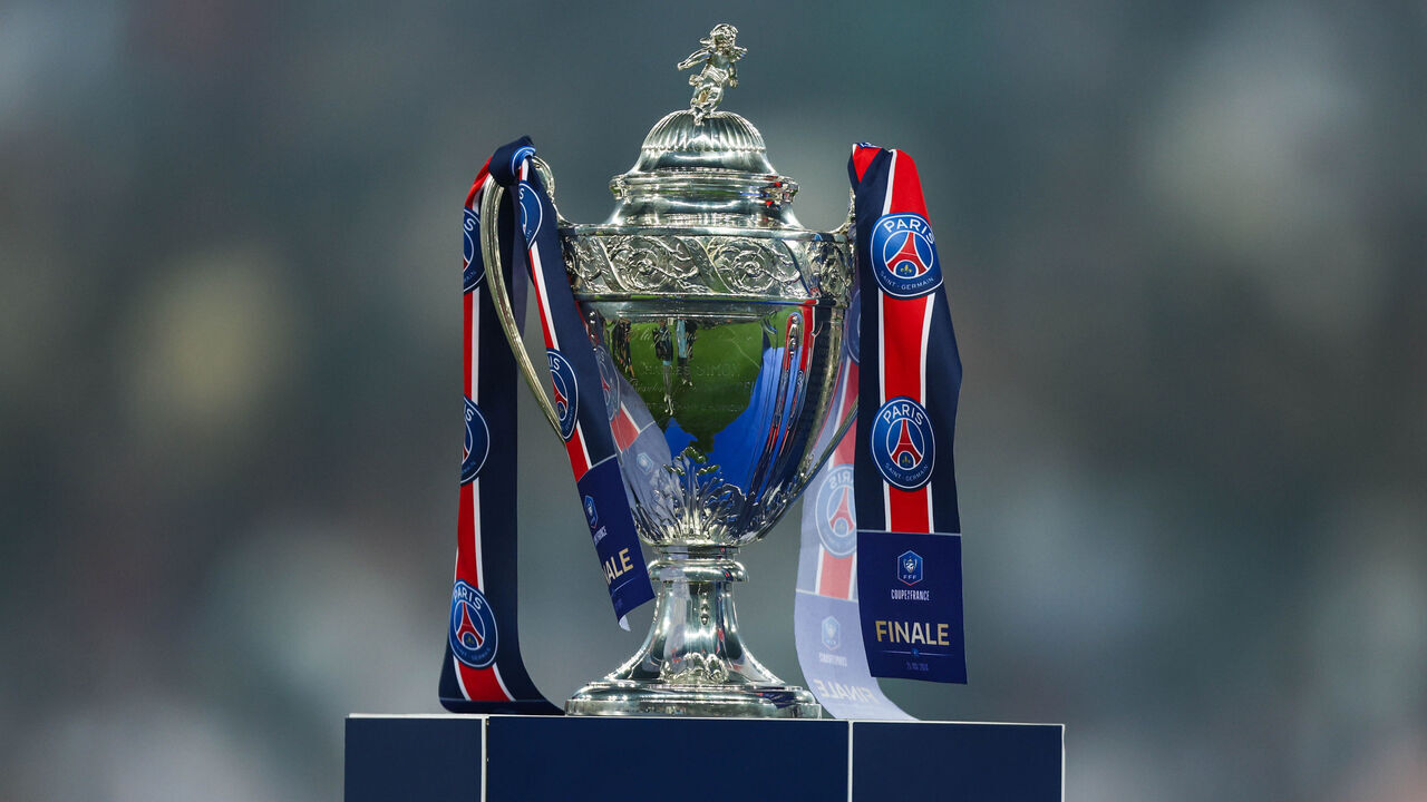 The trophy of the French Cup is being seen at the final football match between Paris Saint-Germain and Olympique Lyonnais OL at Stade Pierre-Mauroy, in Villeneuve-d'Ascq, northern France, on May 25, 2024.
