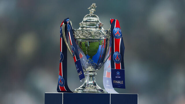 The trophy of the French Cup is being seen at the final football match between Paris Saint-Germain and Olympique Lyonnais OL at Stade Pierre-Mauroy, in Villeneuve-d'Ascq, northern France, on May 25, 2024.