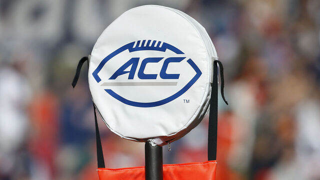 CHARLOTTESVILLE, VA - NOVEMBER 23: A yard marker with an ACC logo during a college football game between the SMU Mustangs and the Virginia Cavaliers on November 23, 2024, at Scott Stadium in Charlottesville, VA.