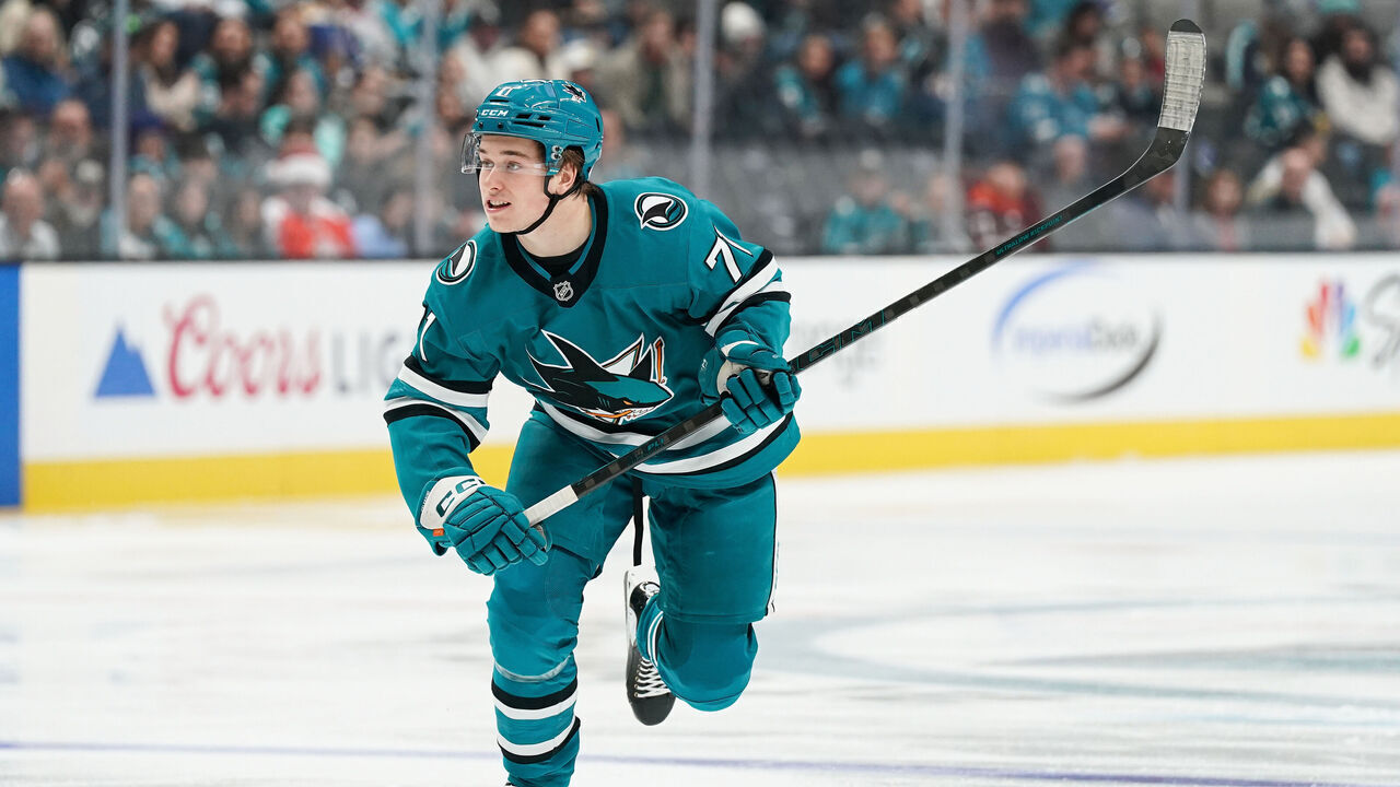 SAN JOSE, CA - NOVEMBER 29: Macklin Celebrini #71 of the San Jose Sharks skates after the puck in the first period against the Seattle Kraken at SAP Center on November 29, 2024 in San Jose, California.