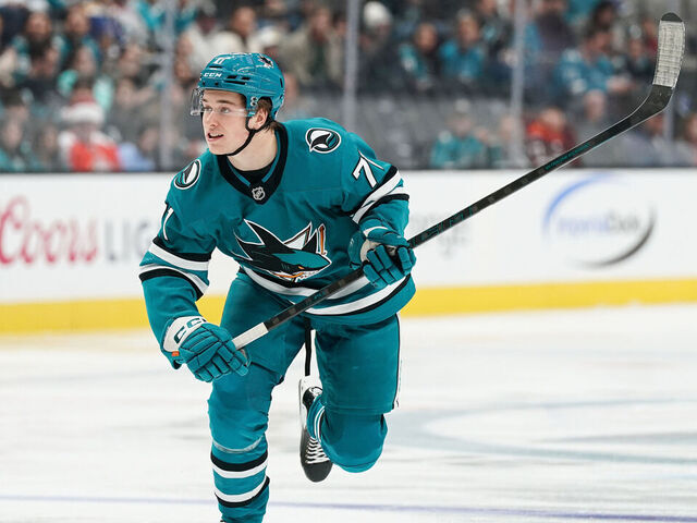 SAN JOSE, CA - NOVEMBER 29: Macklin Celebrini #71 of the San Jose Sharks skates after the puck in the first period against the Seattle Kraken at SAP Center on November 29, 2024 in San Jose, California.