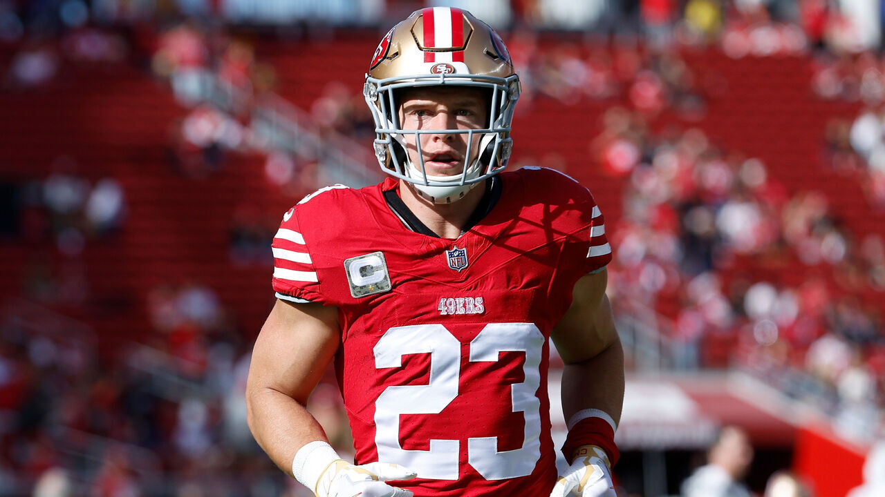 SANTA CLARA, CALIFORNIA - NOVEMBER 17: Christian McCaffrey #23 of the San Francisco 49ers warms up before the game against the Seattle Seahawks at Levi's Stadium on November 17, 2024 in Santa Clara, California.