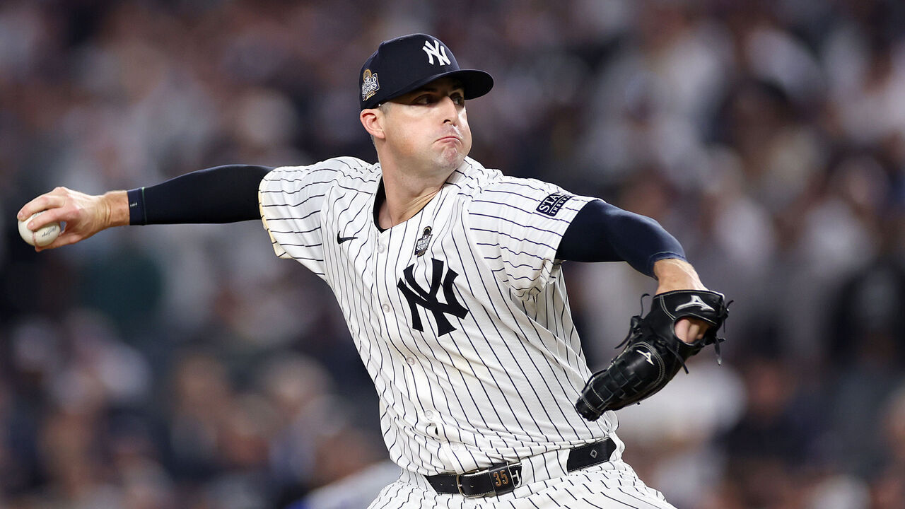 NEW YORK, NEW YORK - OCTOBER 30: Clay Holmes #35 of the New York Yankees pitches during the seventh inning of Game Five of the 2024 World Series against the Los Angeles Dodgers at Yankee Stadium on October 30, 2024 in the Bronx borough of New York City.