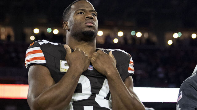 CLEVELAND, OHIO - NOVEMBER 21: Nick Chubb #24 of the Cleveland Browns stands for the national anthem before the game against the Pittsburgh Steelers at Huntington Bank Field on November 21, 2024 in Cleveland, Ohio. The Browns beat the Steelers 24-19.