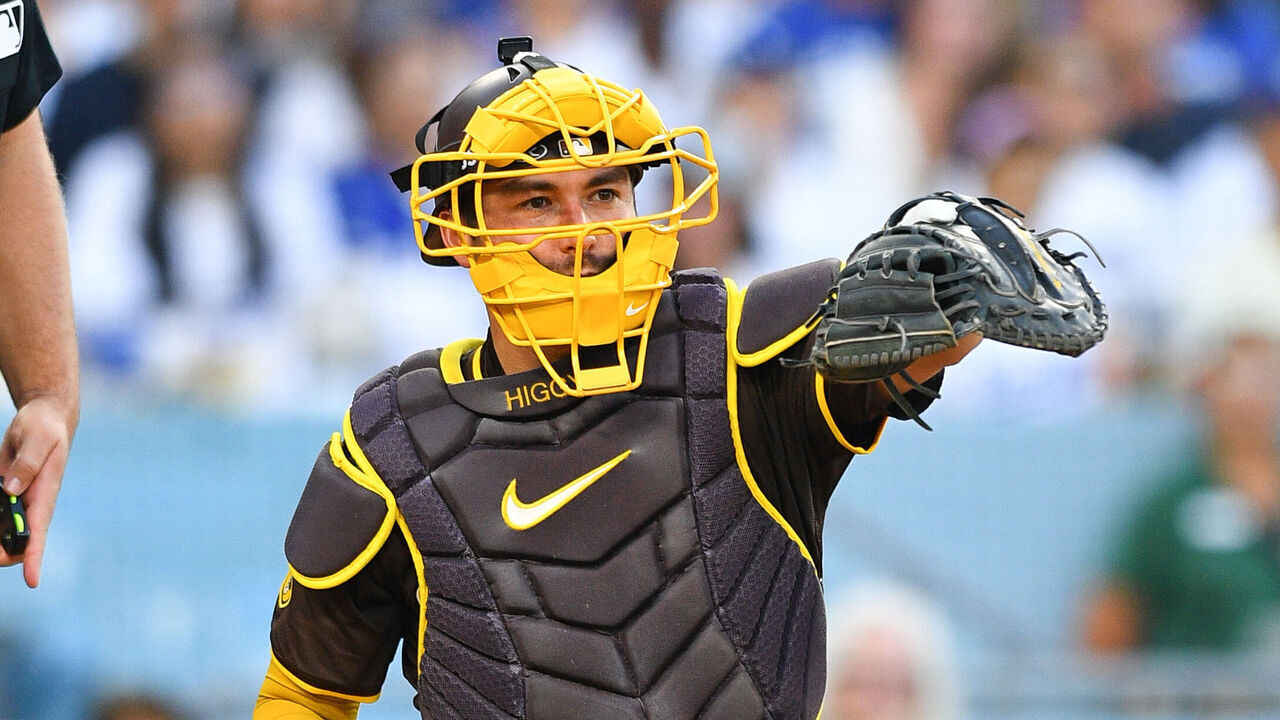 LOS ANGELES, CA - OCTOBER 06: San Diego Padres catcher Kyle Higashioka (20) appeals a ball call during game two of the National League Division Series game between the San Diego Padres and the Los Angeles Dodgers on October 6, 2024 at Dodger Stadium in Los Angeles, CA.